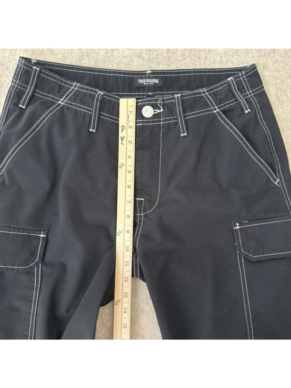 True Religion Bobby Baggy Cargo Pants Black Back Flap Pockets Mens 32x30